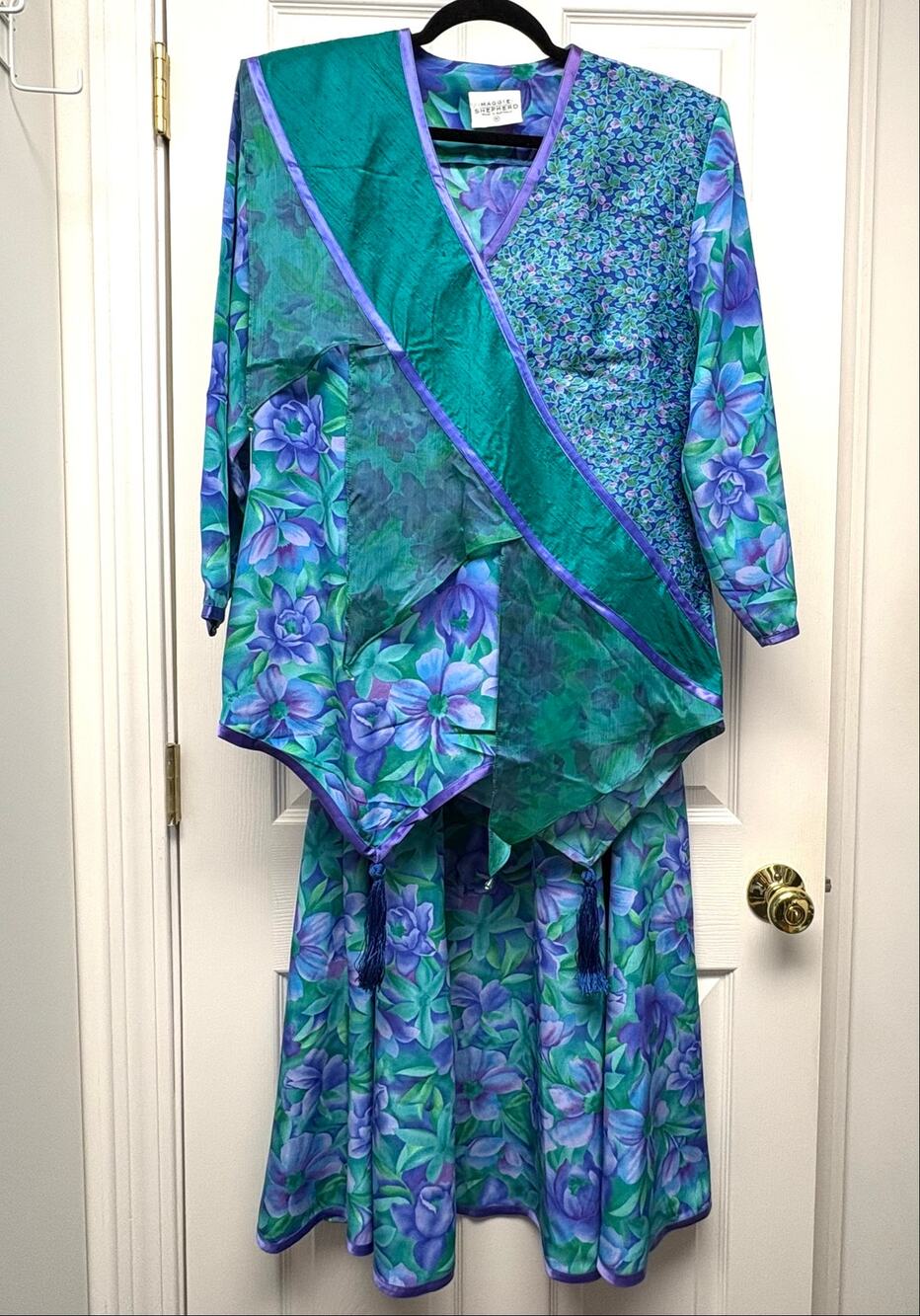 Maggie Shepherd Skirt Suit Vintage 80s Floral Boho Green Purple Artsy Size M